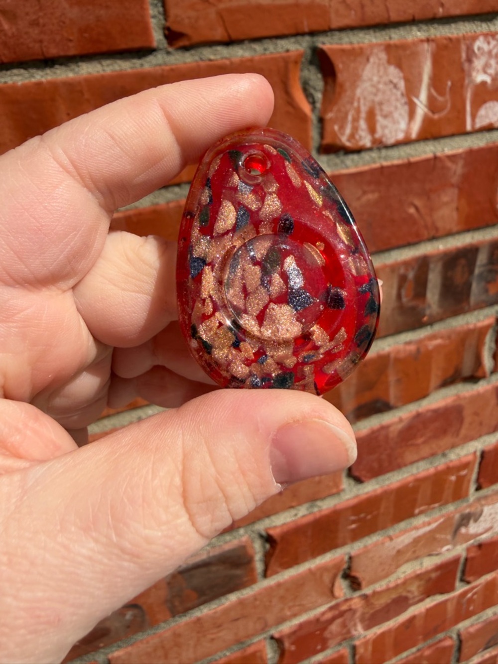 Handmade Red Resin Teardrop Pendant with Multicolor Flakes
